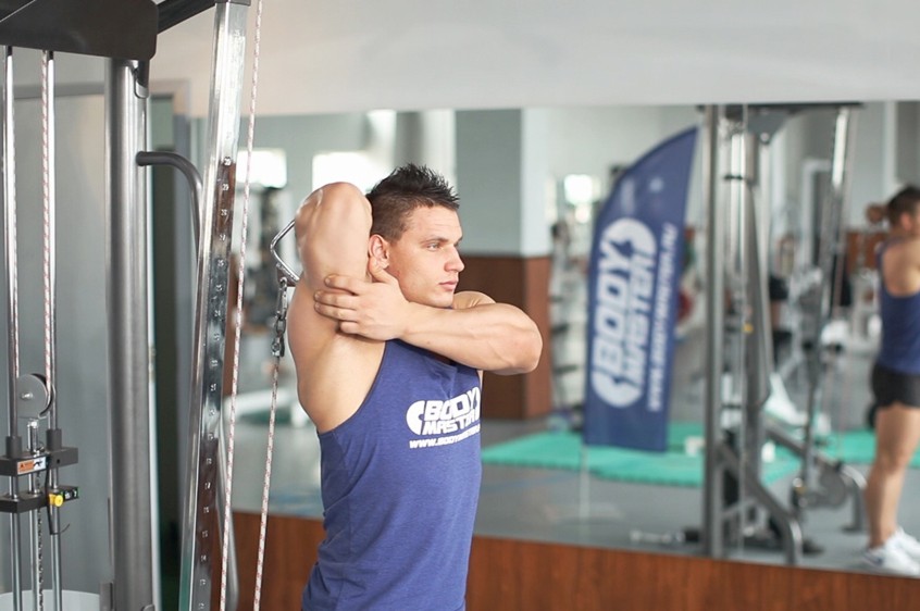 Standing Low-Pulley One-Arm Triceps Extension — how to do it, video of  performing technique —